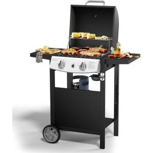 imageAGLUCKY 2 Burner BBQ Propane Gas GrillStainless Steel 20000 BTUBarbecue Gas Grill with 2 Sides ShelvesRemovable Grease Pan and CupIdeal for Grills Outdoor Cooking